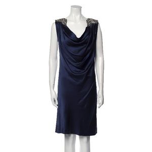 Adam Lippes Teal 100% Silk Cowl Neck Rhinestone Crystal Embellish Cocktail Dress